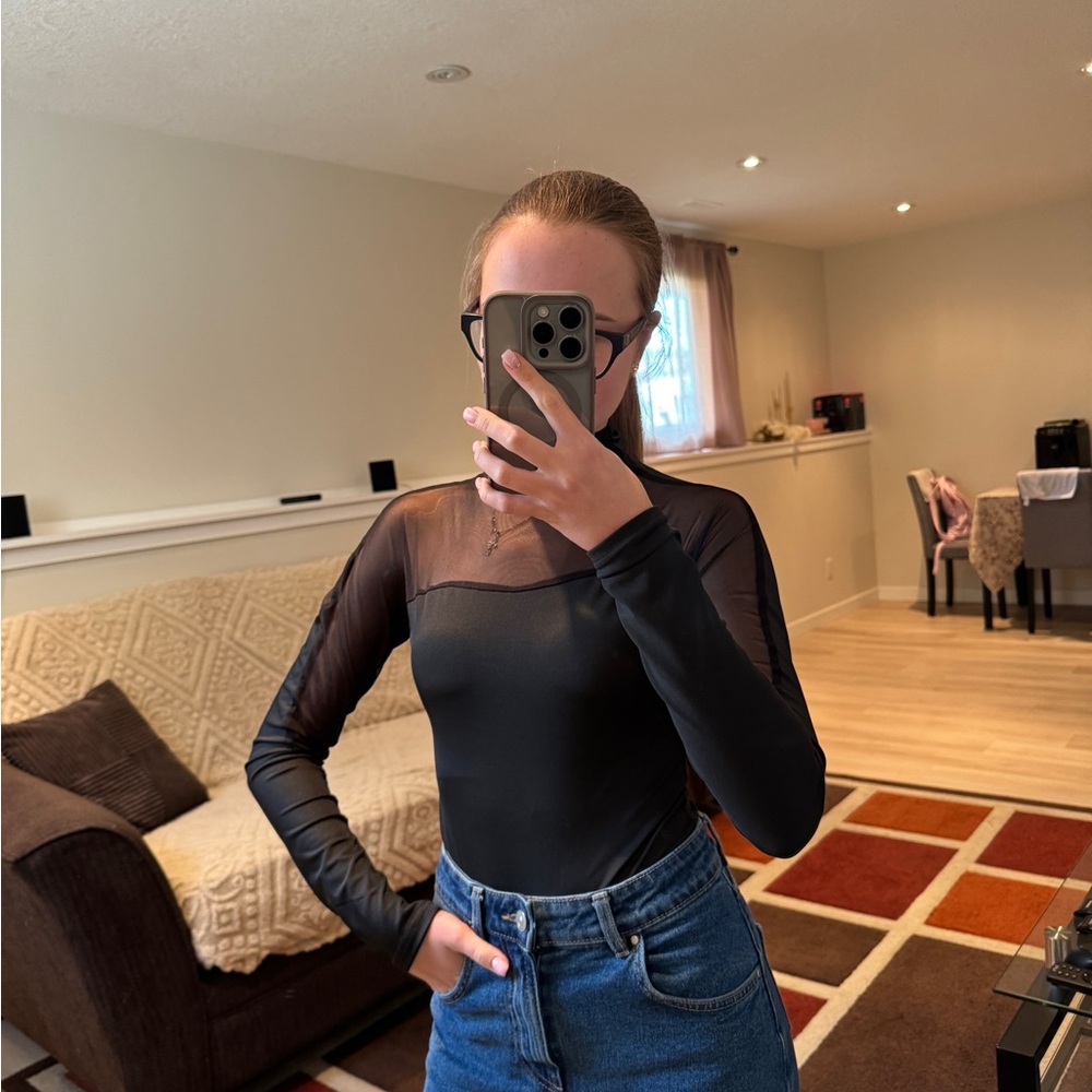 SHEIN Black Sheer-Panel Long Sleeve Bodysuit